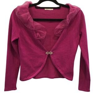 Christina Womens Ruffle Cardigan Size XS Rhinestone Whimsigoth Coquette Fuchsia